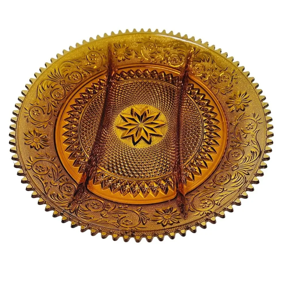 Vtg Amber Indiana Glass Divided Platter Scalloped Edge Sandwich Relish Tray